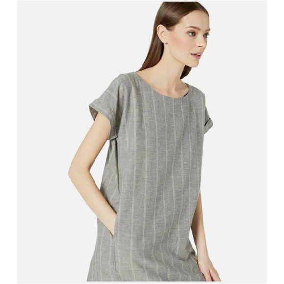 Eileen Fisher Hemp-Cotton Natural Fiber Short Sleeve Grey Stripe Dress Lagenlook - Picture 3 of 12